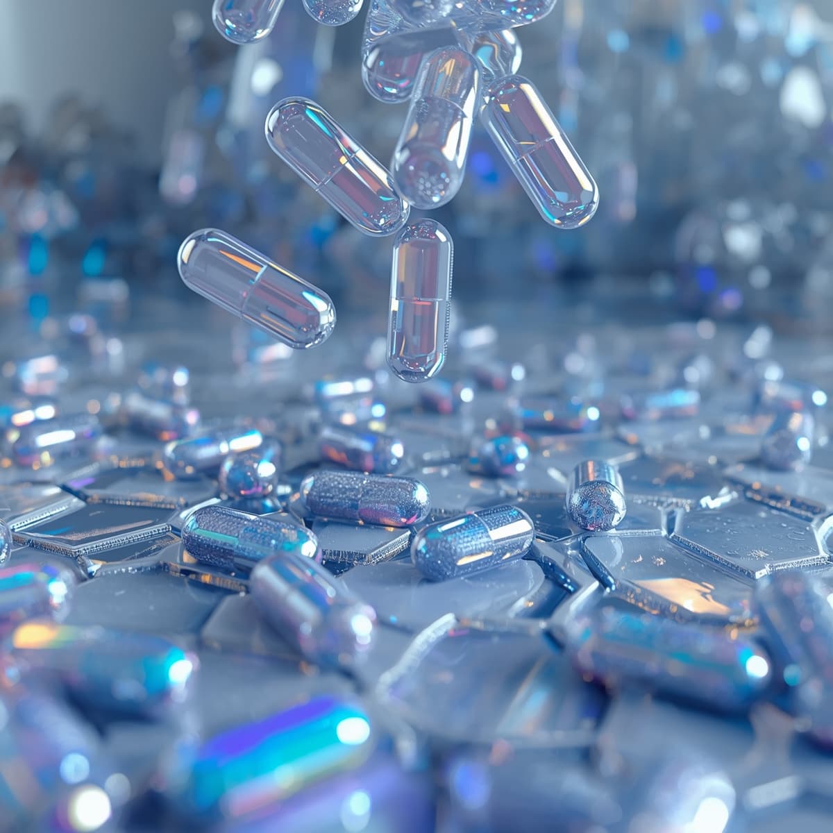 Abstract ocean-blue pharmaceutical topographic artwork representing tablet manufacturing